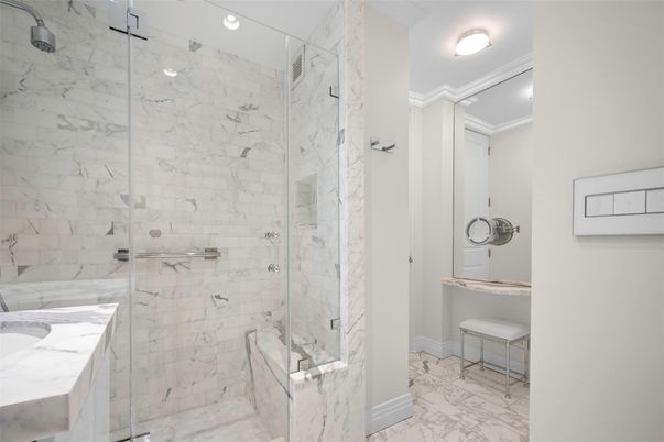 Bathroom, Glass Shower, Interior, Marble, Marble Walls, Recessed Lighting