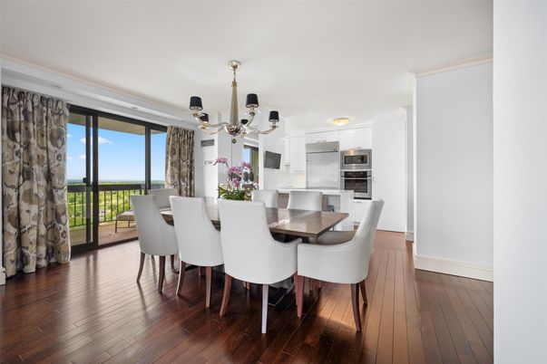 Chandelier, Dining room, Interior, Kitchen, Stainless Steel Appliances, Water, Wood Texture Flooring