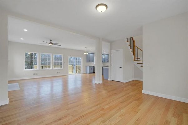 Empty room, Interior, Pendant Lights, Recessed Lighting, Wood Texture Flooring