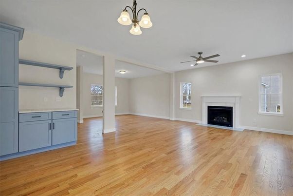 Empty room, Fireplace, Interior, Pendant Lights, Recessed Lighting, Wood Texture Flooring