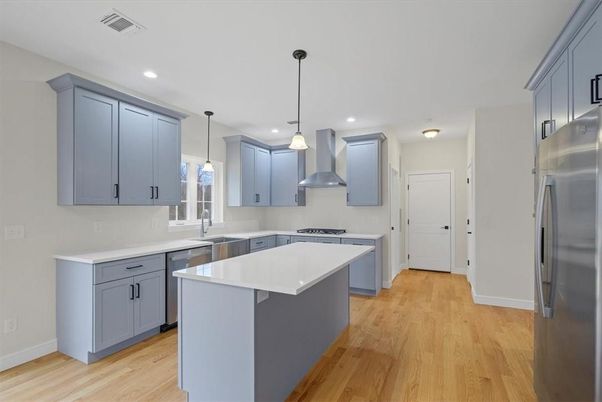 Interior, Kitchen, Pendant Lights, Recessed Lighting, Stainless Steel Appliances, Wood Texture Flooring