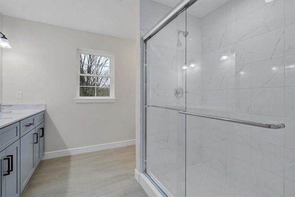 Bathroom, Glass Shower, Interior, Marble Walls, Wood Texture Flooring