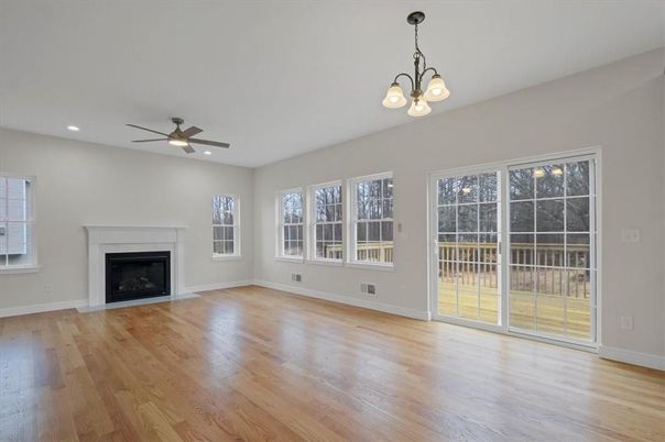Empty room, Fireplace, Interior, Recessed Lighting, Wood Texture Flooring