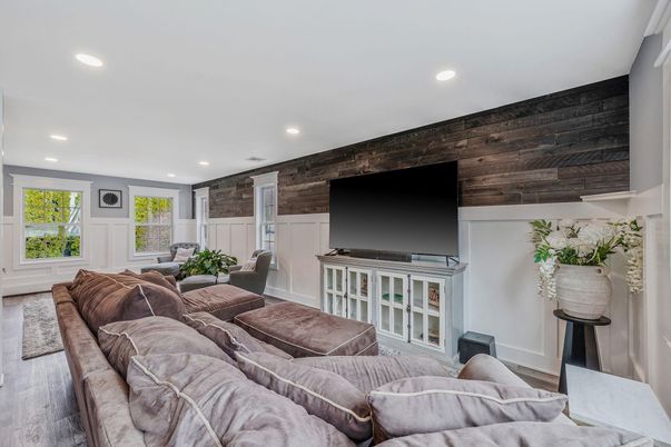 Interior, Living room, Recessed Lighting, Wood Texture Flooring, Wooden Walls