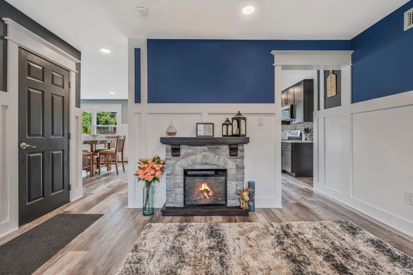 Dining room, Fireplace, Interior, Kitchen, Recessed Lighting, Wood Texture Flooring