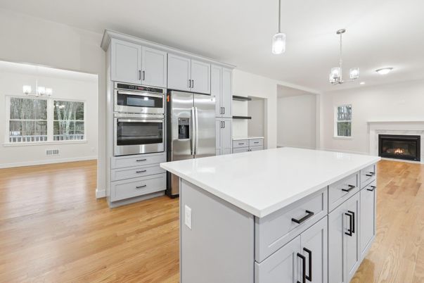 Fireplace, Interior, Kitchen, Pendant Lights, Stainless Steel Appliances, Wood Texture Flooring