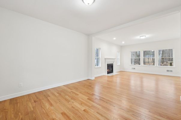 Empty room, Fireplace, Interior, Recessed Lighting, Wood Texture Flooring