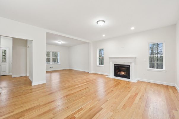 Empty room, Fireplace, Interior, Recessed Lighting, Wood Texture Flooring