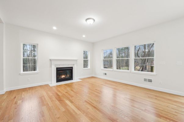 Empty room, Fireplace, Interior, Recessed Lighting, Wood Texture Flooring