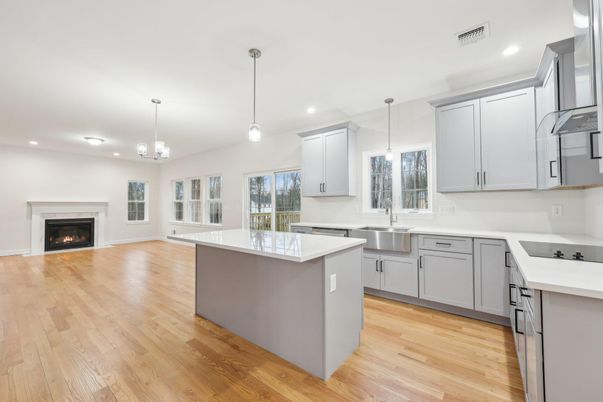 Fireplace, Interior, Kitchen, Pendant Lights, Recessed Lighting, Wood Texture Flooring