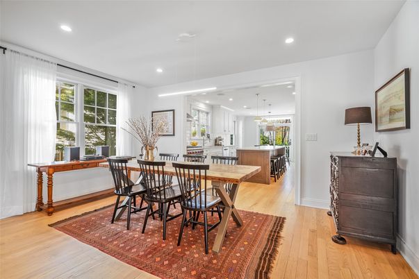 Dining room, Interior, Kitchen, Pendant Lights, Recessed Lighting, Wood Texture Flooring