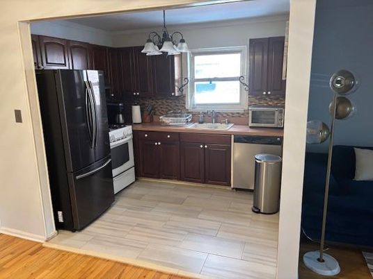 Interior, Kitchen, Pendant Lights, Stainless Steel Appliances, Wood Texture Flooring
