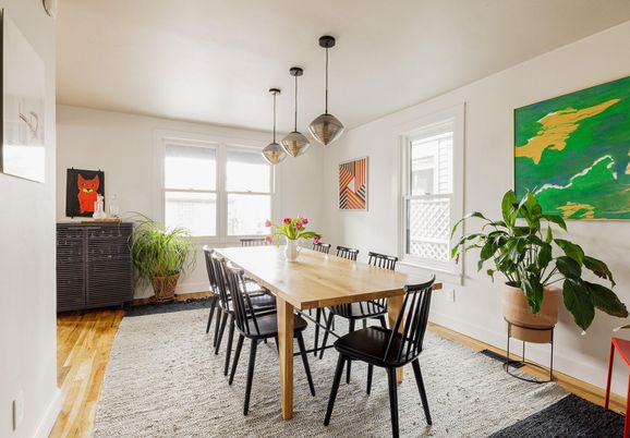 Dining room, Interior, Pendant Lights, Wood Texture Flooring