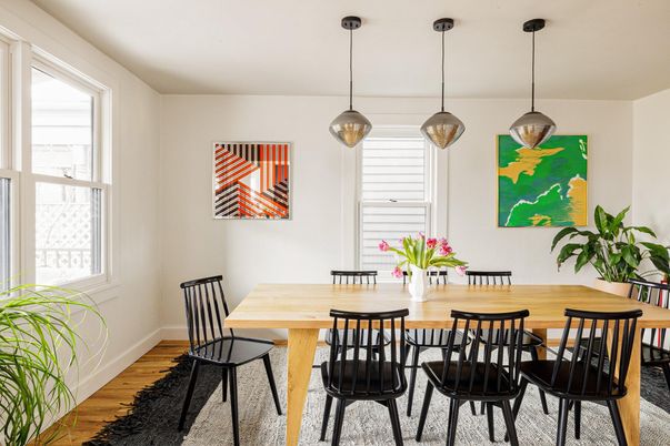 Dining room, Interior, Pendant Lights, Wood Texture Flooring