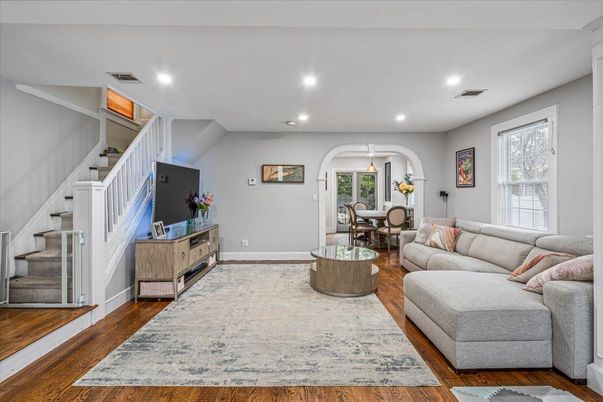 Dining room, Interior, Living room, Recessed Lighting, Wood Texture Flooring