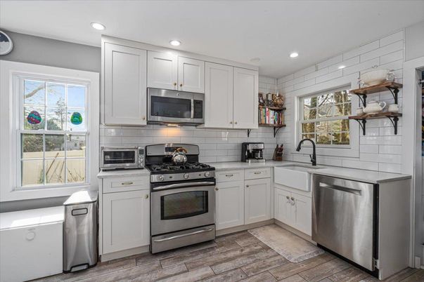 Interior, Kitchen, Recessed Lighting, Stainless Steel Appliances, Wood Texture Flooring