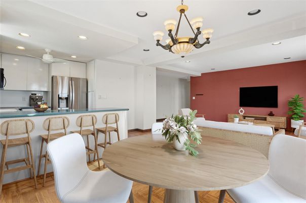 Chandelier, Dining room, Interior, Kitchen, Recessed Lighting, Stainless Steel Appliances, Wood Texture Flooring
