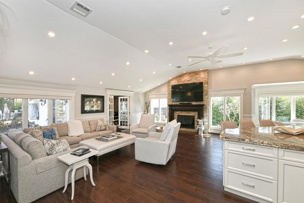 Fireplace, Interior, Living room, Recessed Lighting, Wood Texture Flooring