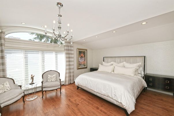 Bedroom, Chandelier, Interior, Recessed Lighting, Wood Texture Flooring