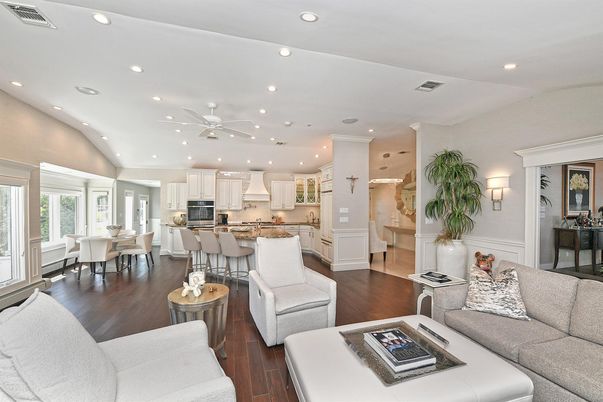Dining room, Interior, Kitchen, Living room, Recessed Lighting, Stainless Steel Appliances, Wood Texture Flooring