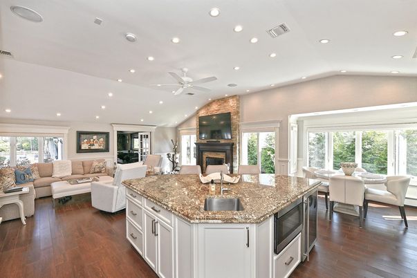 Dining room, Fireplace, Interior, Kitchen, Living room, Recessed Lighting, Wood Texture Flooring