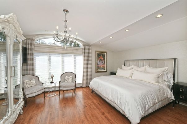 Bedroom, Chandelier, Interior, Recessed Lighting, Wood Texture Flooring