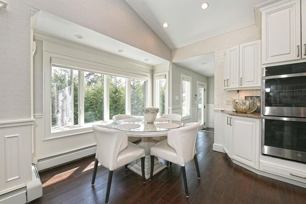 Dining room, Interior, Kitchen, Recessed Lighting, Stainless Steel Appliances, Wood Texture Flooring