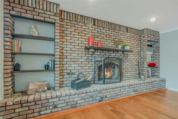 Fireplace, Interior, Recessed Lighting, Stone Walls, Wood Texture Flooring