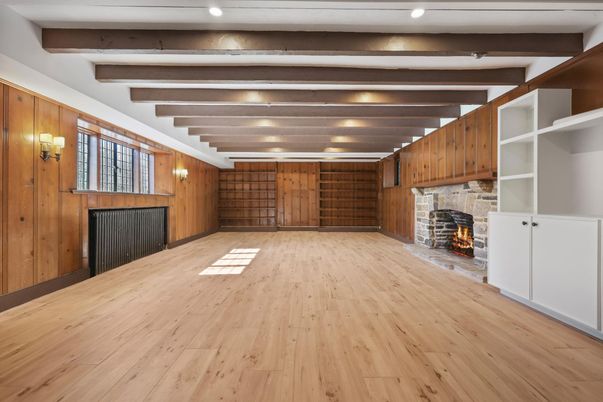 Empty room, Fireplace, Interior, Recessed Lighting, Wooden Beams, Wood Texture Flooring, Wooden Walls