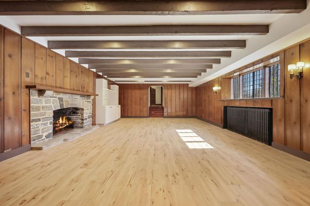 Empty room, Fireplace, Interior, Wooden Beams, Wood Texture Flooring, Wooden Walls