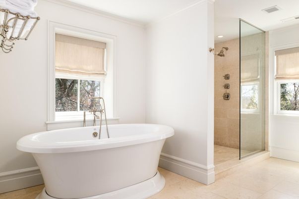 Bathroom, Free Standing Baths, Glass Shower, Interior, Recessed Lighting