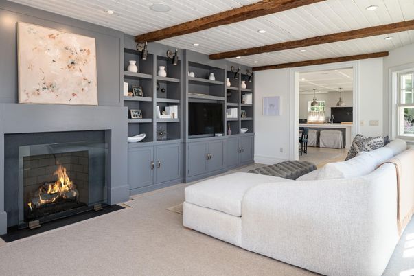 Bedroom, Fireplace, Interior, Living room, Recessed Lighting, Wooden Beams