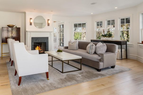 Fireplace, Interior, Living room, Recessed Lighting, Wood Texture Flooring