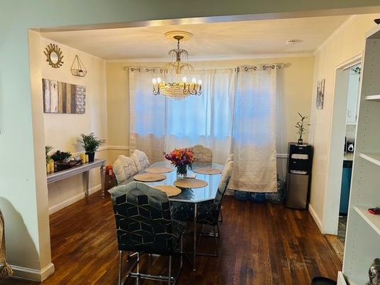 Chandelier, Dining room, Interior, Wood Texture Flooring
