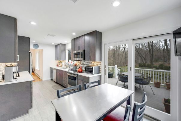 Dining room, Interior, Kitchen, Recessed Lighting, Stainless Steel Appliances, Wood Texture Flooring