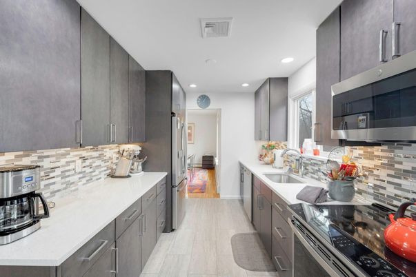Interior, Kitchen, Recessed Lighting, Stainless Steel Appliances, Wood Texture Flooring