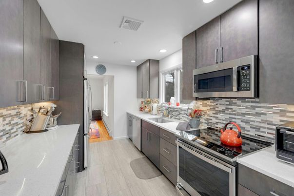 Interior, Kitchen, Recessed Lighting, Stainless Steel Appliances, Wood Texture Flooring