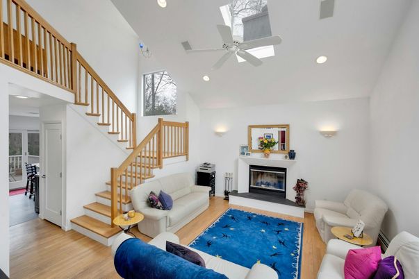 Fireplace, Interior, Living room, Recessed Lighting, Wood Texture Flooring