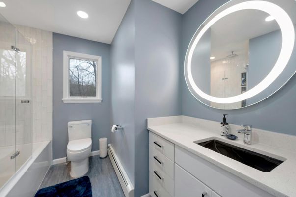Bathroom, Glass Shower, Interior, Recessed Lighting, Wood Texture Flooring