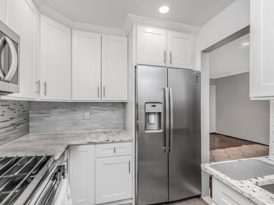 Interior, Kitchen, Recessed Lighting, Stainless Steel Appliances, Wood Texture Flooring