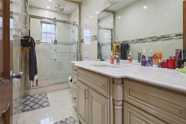 Bathroom, Glass Shower, Interior, Marble, Recessed Lighting