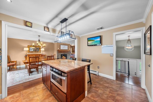 Chandelier, Dining room, Fireplace, Interior, Kitchen, Pendant Lights, Recessed Lighting