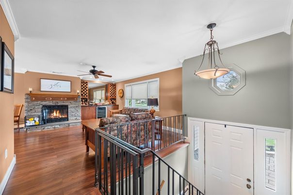 Fireplace, Interior, Living room, Pendant Lights, Wood Texture Flooring
