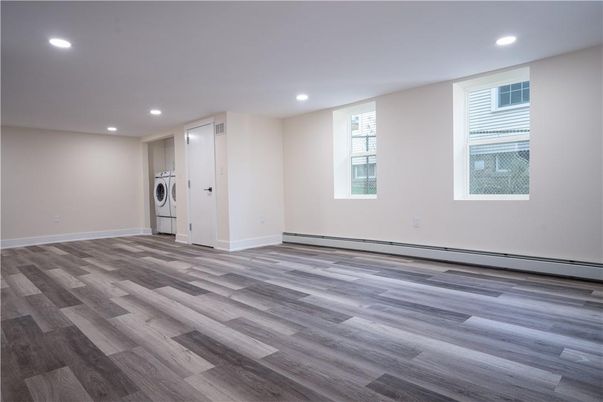 Empty room, Interior, Recessed Lighting, Washer, Wood Texture Flooring