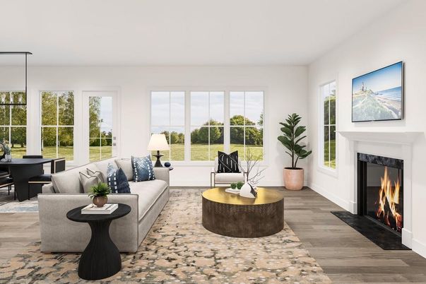 Dining room, Fireplace, Interior, Living room, Pendant Lights, Wood Texture Flooring