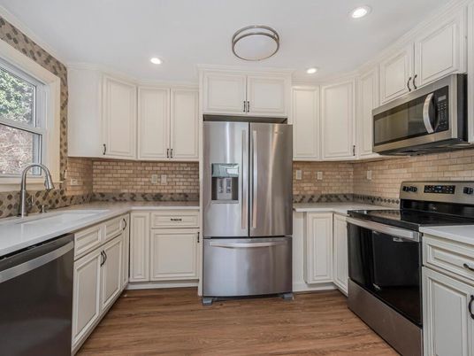 Interior, Kitchen, Recessed Lighting, Stainless Steel Appliances, Wood Texture Flooring