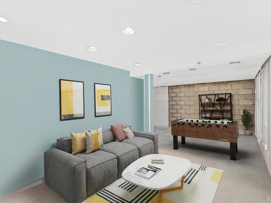 Game Room, Interior, Living room, Recessed Lighting, Stone Walls