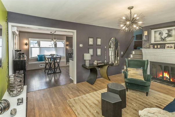 Dining room, Fireplace, Interior, Living room, Pendant Lights, Wood Texture Flooring