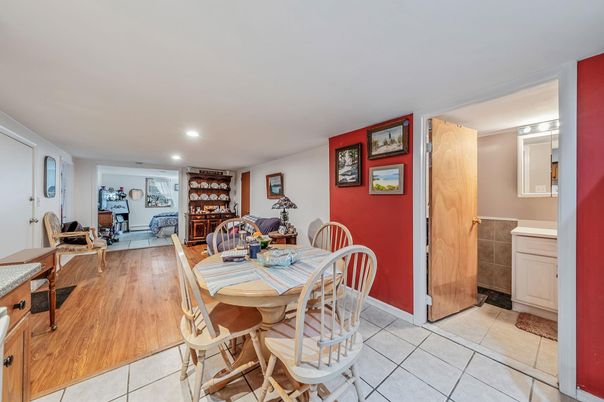 Dining room, Interior, Living room, Recessed Lighting, Wood Texture Flooring