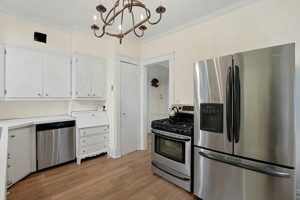 Chandelier, Interior, Kitchen, Stainless Steel Appliances, Wood Texture Flooring